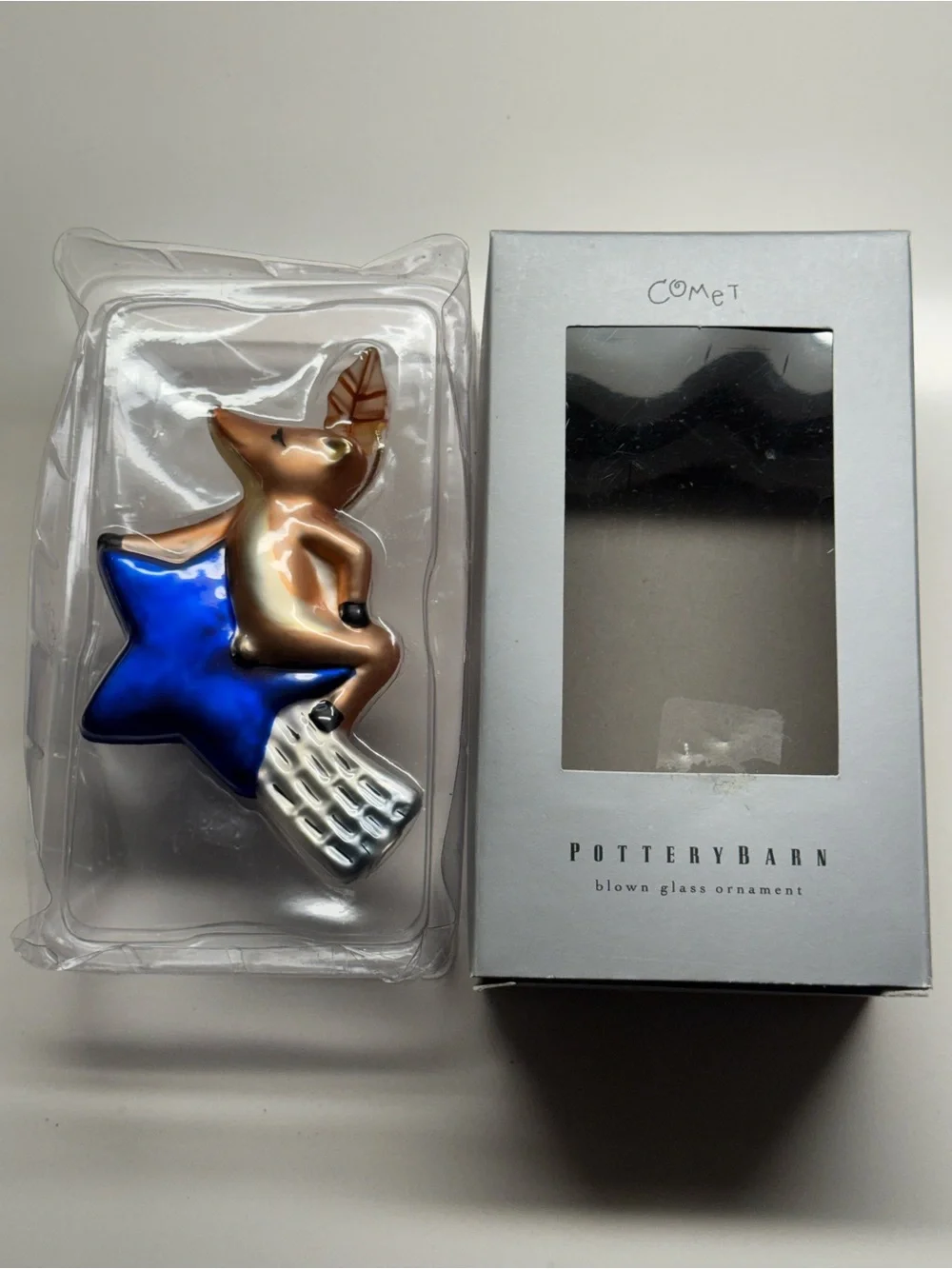 Vintage Pottery Barn COMET Reindeer Blown Glass Ornament Retired NIB